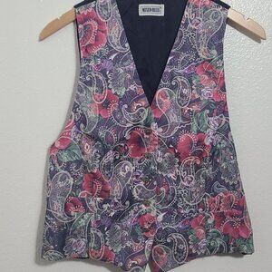 Vintage Formal Vest Floral with Lace Pattern Large Made in USA Mixed Blues